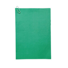 Fototapeta premium Green paper sheet attached with a small metal paper clip isolated on a transparent background