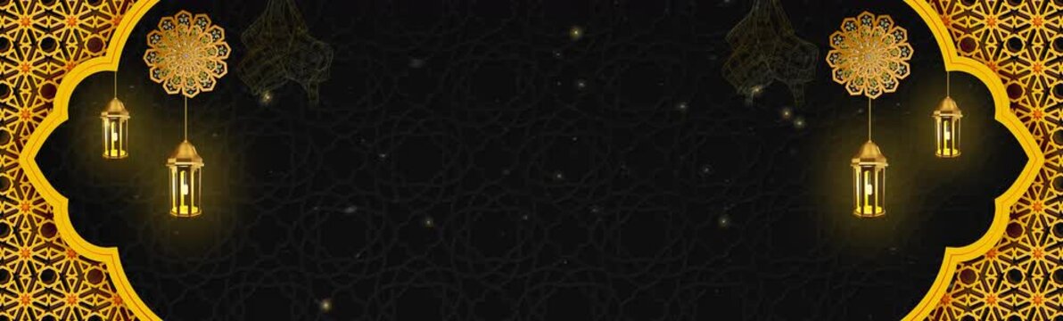 An Islamic background with golden hues and decorated with religious ornaments and hanging lamps. Perfect for Ramadan, Eid al-Fitr, and other Islamic celebrations. This background template looping.