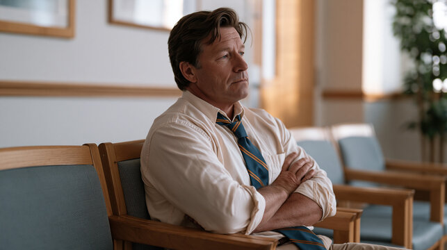 Father sitting in a pediatric therapist's waiting room, arms crossed and jaw tight, while his young son is inside a session, the stigma of seeking mental health help written in