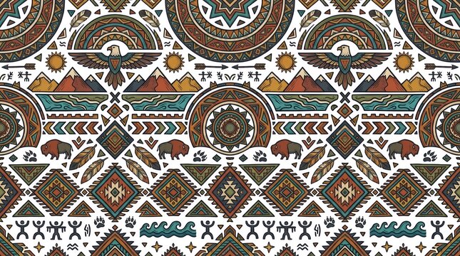 Native American tribal pattern with eagles and buffalo.