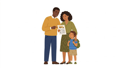 Fototapeta premium Loving parents standing together with their young son while reviewing important school bus information on a paper document in this warm and friendly flat vector illustration