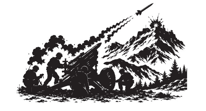 Rocket Artillery Silhouette Vector, Multiple Launch Rocket System in Combat, Black and White Military Illustration