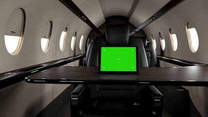Obraz premium Modern Private Jet Interior Table with Green Tablet