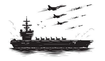 Aircraft Carrier Silhouette Vector with Fighter Jets, Navy Warship and Military Aviation, Black and White Illustration © Anh Hoang