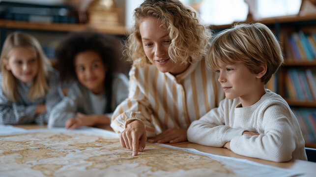 Elementary school classroom with children of multiple ethnicities collaborating over a world map project, teacher kneeling beside a student explaining a geographic custom,