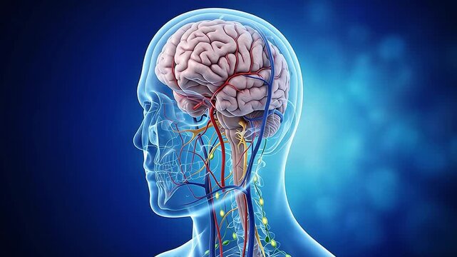 Human Brain Head Anatomy 3D Medical Animation Blood Vessel Nerve Lymph Node Blue Background