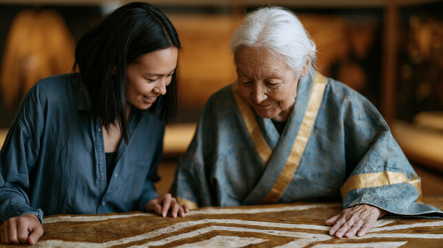 Museum textile conservator and a community elder examining a traditional ceremonial garment together, the elder providing oral context that no catalog entry contains, the
