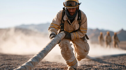 Naklejka premium Volunteer firefighter in heavy protective gear dragging a charged hose line across a gravel training yard, fellow trainees watching from a distance, rural fire department drill,