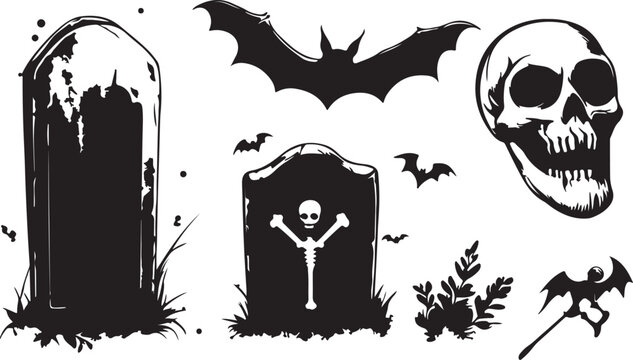 Halloween skull and bones vector illustration set with pumpkin ghost bat witch cat spider silhouette horror autumn night grunge black cartoon icon design holiday art face