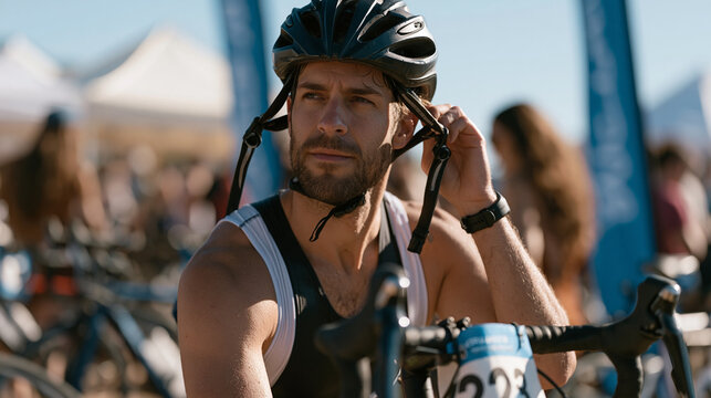Amateur triathlete kneeling beside a bicycle in transition zone chaos, helmet straps fumbling, race number wet from the swim leg, expression mixing exhaustion with exhilaration at