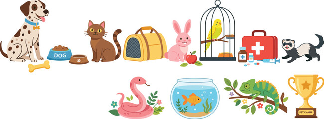 Fototapeta premium Pet Shop and Veterinary Care Vector Element Set with Cute Domestic Animals Accessories First Aid Kit and Trophy for Shop Graphic Designs