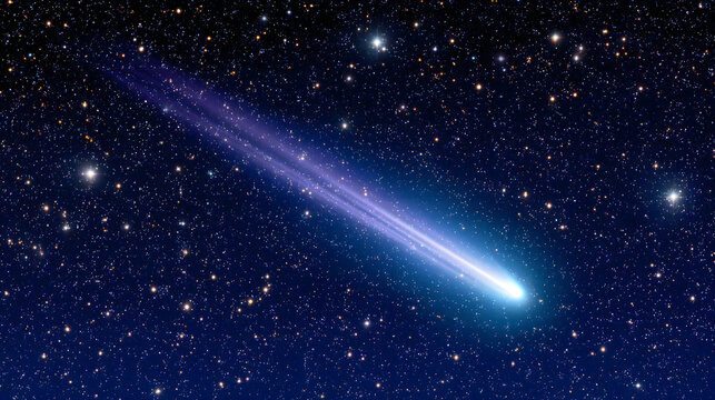 Bright comet streak star field dark galaxy space background cosmic dust glowing tail night sky astronomy scene deep space blue light comet