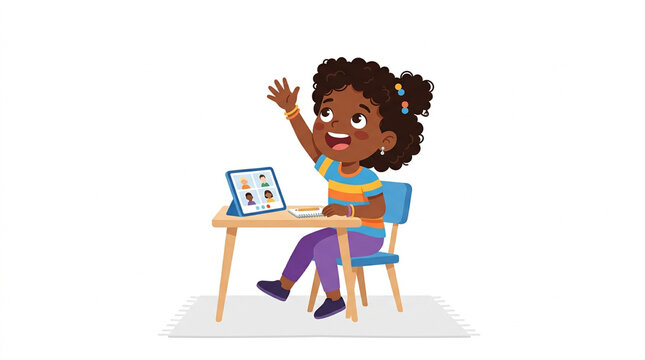 Happy little girl raising her hand to participate in an online virtual classroom lesson while sitting at a desk with her digital tablet computer screen