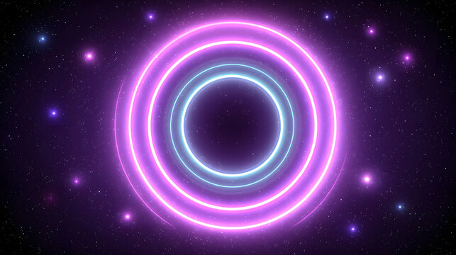 Glowing neon ring abstract tunnel infinite perspective purple space blue light glowing circle cosmic background star field futuristic design digital art