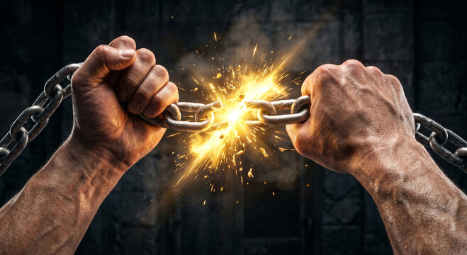 Human hands breaking heavy metal chains with bright sparks representing freedom and overcoming obstacles, strength