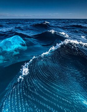 Digital Ocean Wave: A wave of blue ocean water, imbued with digital binary code, reflects the vastness of information and the power of technology in the depths of the sea.