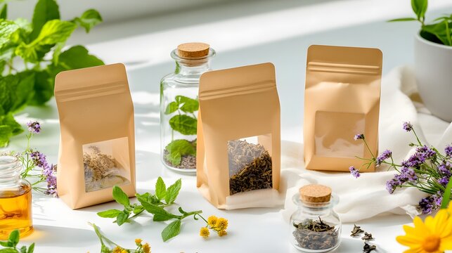 Eco-Friendly Herbal Tea Packaging with Glass Jars and Fresh Botanicals