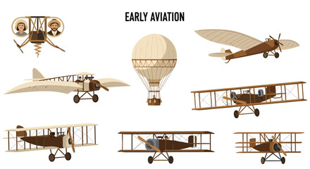 Detailed illustration of various vintage early aviation aircraft including biplanes, monoplanes, and a hot air balloon, showcasing historical flight. © Faisal