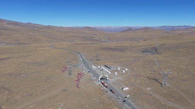 Aerial drone view of Gyatso La Pass, one of the highest highway mountain passes on the route to Mount Everest North Base Camp in Tibet, China.