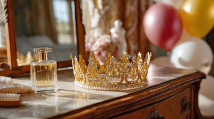 Birthday gold ornamental crown resting on vintage dresser beside mirror with balloons for celebration styling and party decor