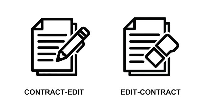Contract editing and document revision process icons with contract document revision correction modification business management agreement technology instrument