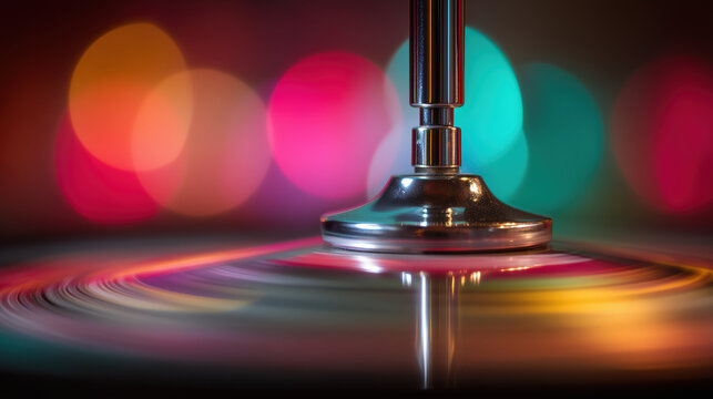 Macro view of spinning roulette wheel with chrome spindle colorful lights motion blur suggesting casino gaming chance risk entertainment nightlife luxury excitement vibrant gambling concept