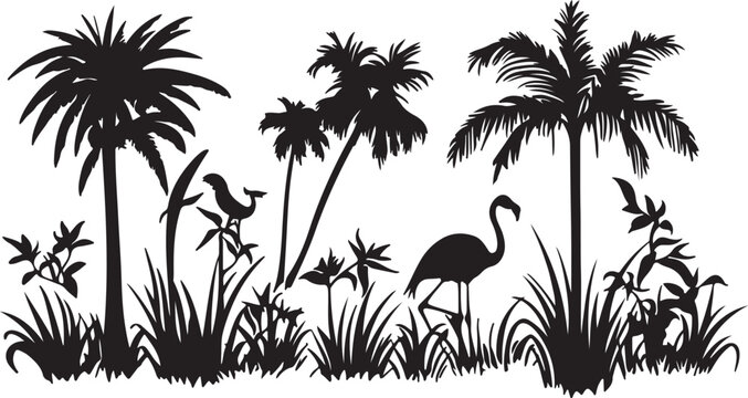 Silhouette of grass and flowers on a tropical beach at sunset with palm trees, ocean, island, and summer paradise landscape illustration