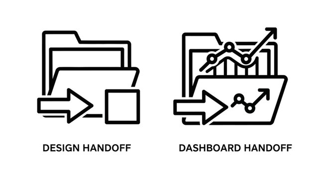 Design handoff and dashboard handoff icons illustrating technical development and data transfer with dashboard transfer business development workflow technical information minimalist