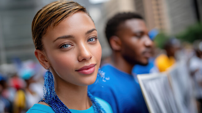 Closeup portrait of a young woman at a human rights day march for activism banner and civic engagement background design