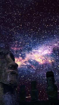 Easter Island moai stone statues at night with milky way galaxy and shooting stars. Vertical design in 9:16 ratio. Smartphone and social media ready.
