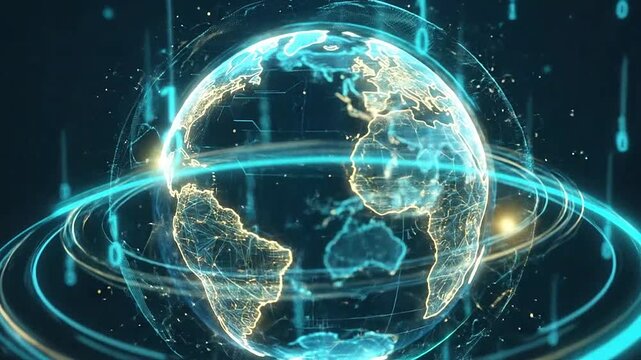 A glowing digital globe surrounded by streaming binary code data