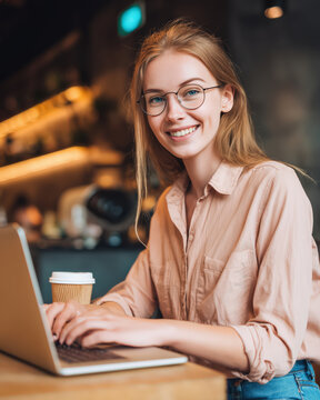 Cheerful freelancer woman wearing glasses typing on laptop in modern cafe with takeaway coffee suggesting remote work productivity creative career online business lifestyle flexible workday