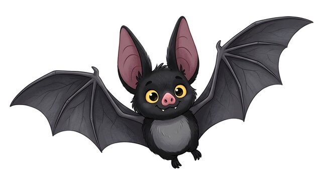 Cute black bat with big ears flying cartoon style