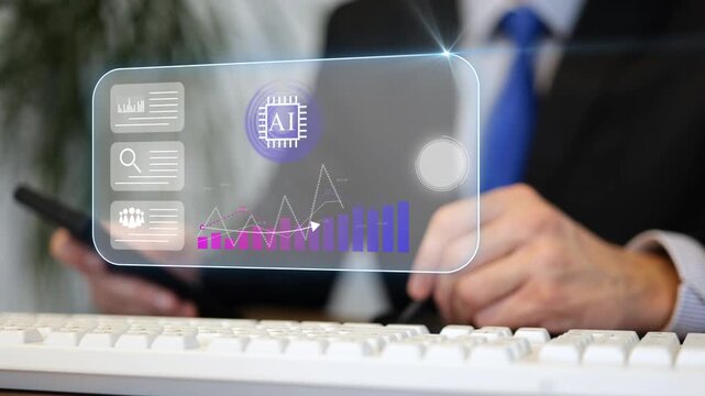 Businessman using smartphone with AI analytics dashboard, digital data chart, business technology concept. Motion graphic