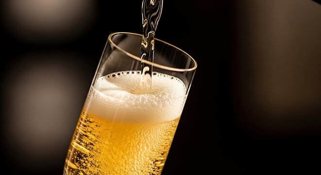 Champagne being poured into a glass, golden liquid with foam