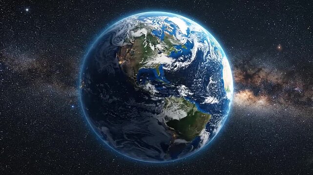 A glowing blue planet floating in the vast dark outer space