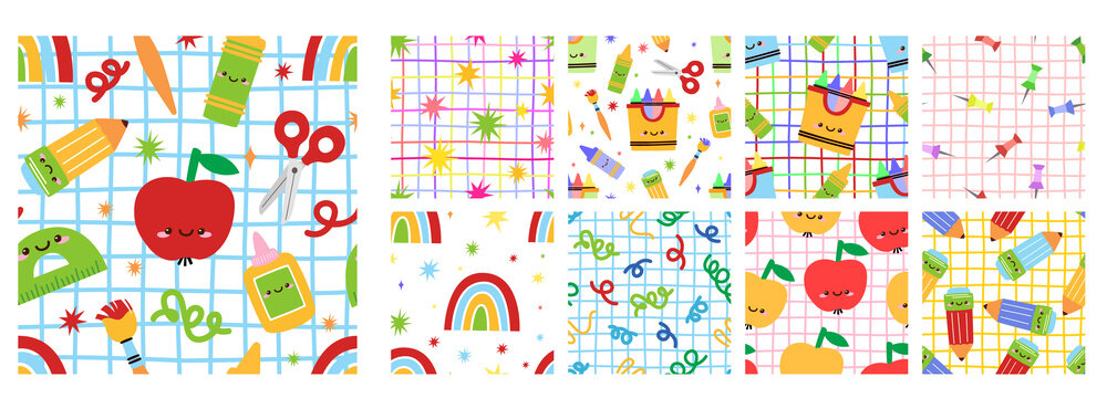 Cute school patterns set with funny stationery cartoon characters for seamless textile fabric design and september first back to school kids party invitations