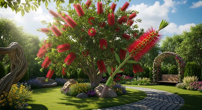 Vibrant red bottlebrush tree in a lush sunny garden landscape