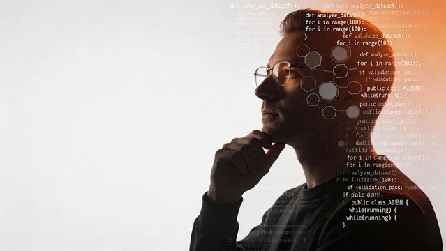 Silhouette of thoughtful programmer wearing glasses against white background with digital code overlay, visualizing artificial intelligence development, software engineering