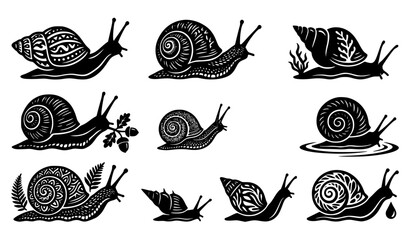 Black snail silhouette icon set with decorative shell vector illustrations © Romjan 