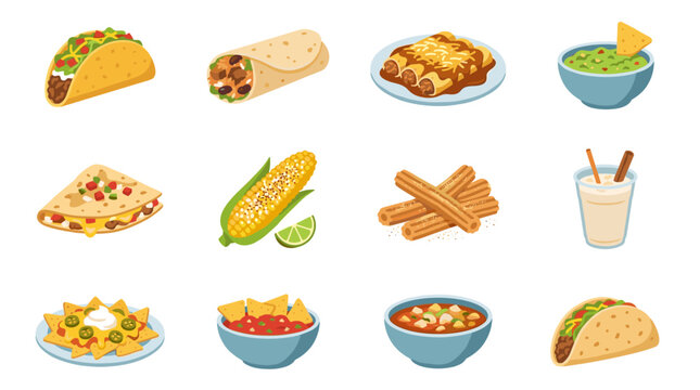 Collection of pixel art Mexican food icons including tacos, burritos, enchiladas, guacamole, quesadillas, corn on the cob, churros, and beverages, suitable for digital interfaces and gaming