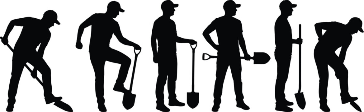 Black silhouettes of construction workers and farmers digging and standing with shovels on a white background
