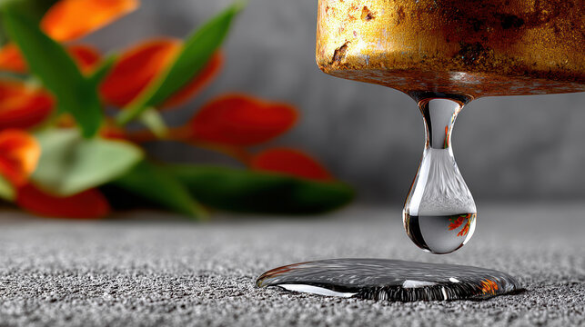Closeup water droplet hanging from rusty pipe reflecting flower for home repair background and leak detection banner for plumbing maintenance