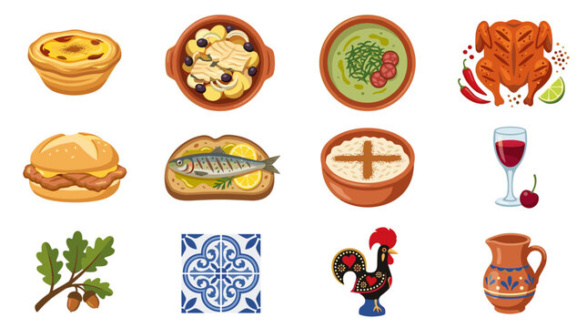 Collection of portuguese food and cultural icons in pixel art style, including pastel de nata, bacalhau, caldo verde, frango assado, bifana, sardinha, arroz doce, vinho tinto, oak branch, azulejo