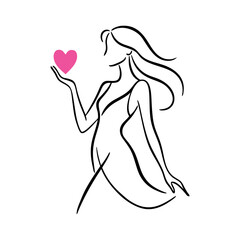 Logotipo con dibujo minimalista con líneas de una mujer de pie de perfil con un corazón en la mano, para tarjetas y felicitaciones de San Valentín © teracreonte