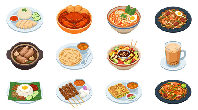 Collection of pixel art Malaysian and Singaporean cuisine, featuring hawker food like chicken rice, laksa, char kway teow, satay, roti canai, and Teh Tarik, perfect for digital menus or game assets