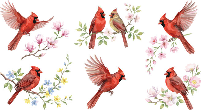 Collection of Northern Cardinal Birds in Flight and Perched on Flowering Branches with Spring Blossoms