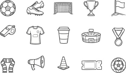 Football outline icon set. Featuring soccer ball, boot, goal net, cup trophy, and corner flag symbols. Editable stroke vector icons for sports app interface and championship web page. © Pixel_Forge