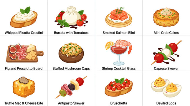 Collection of twelve pixel art appetizer icons, including bruschetta, stuffed mushrooms, and shrimp cocktail, ideal for food blogs or menu design