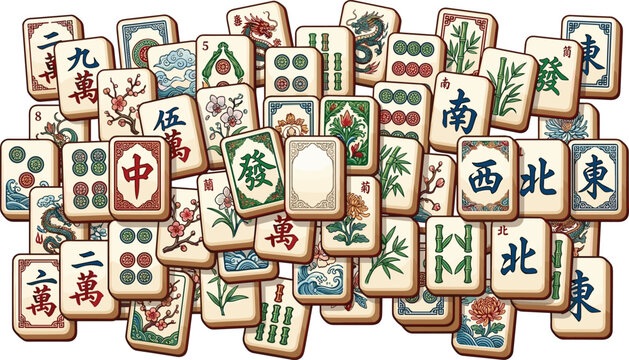 Heap of Traditional Chinese Mahjong Tiles with Ornate Illustrations of Dragons, Bamboo, Winds, and Flowers for Board Game and Casino Design